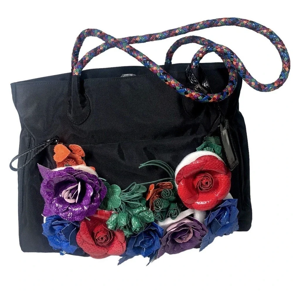 Dan W Black Nylon and Leather Floral Oversized‎ Tote 1990's Statem Bag Vintage